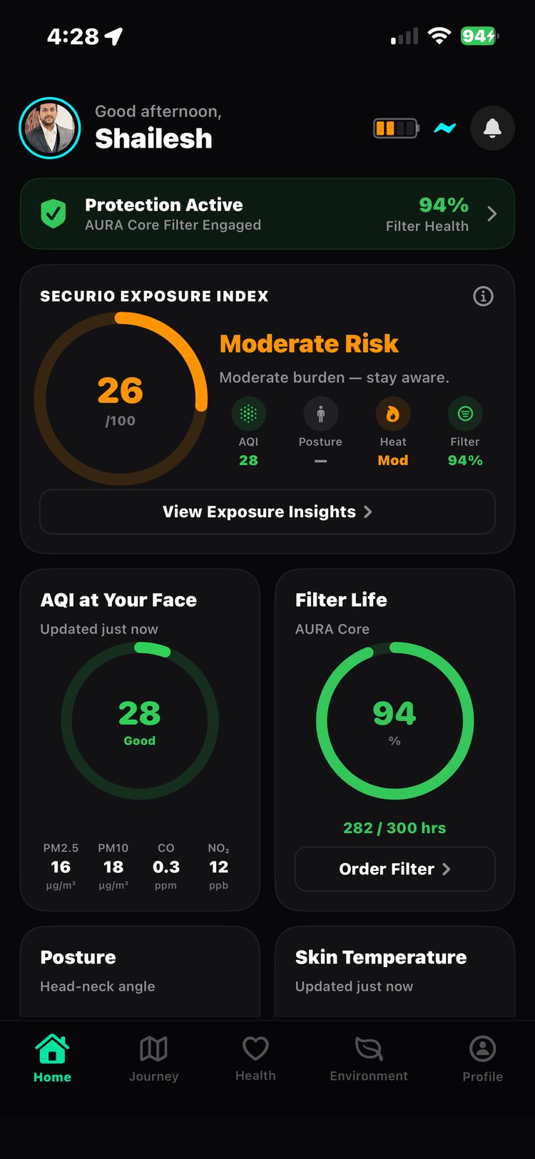 Securio app Home screen with Exposure Index ring, AQI at Your Face and Filter Life