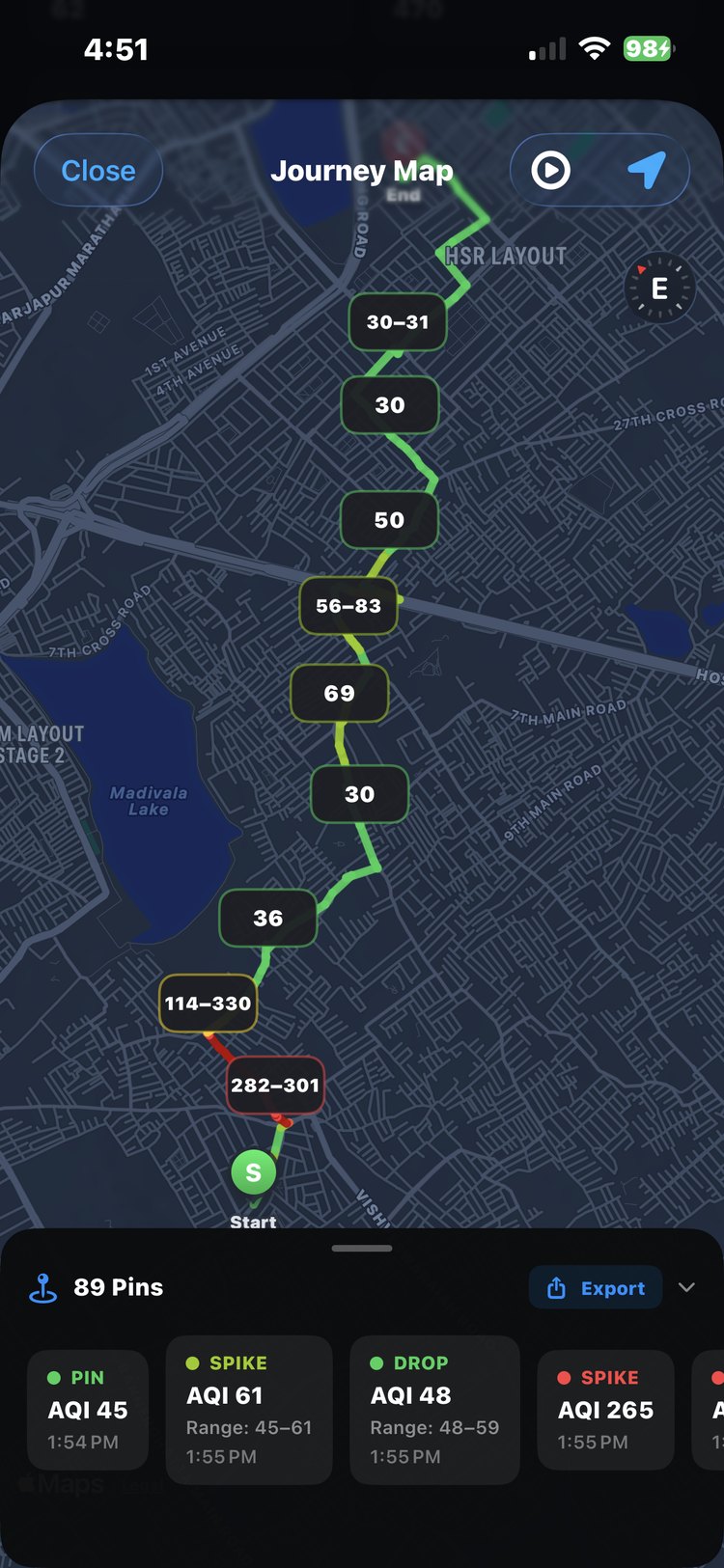 Securio app Journey Map with AQI pins across a Bengaluru commute